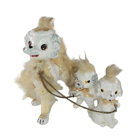 Vintage Ceramic Poodle Family Figurines Chain Fur Accents Japan - Picture 1 of 8
